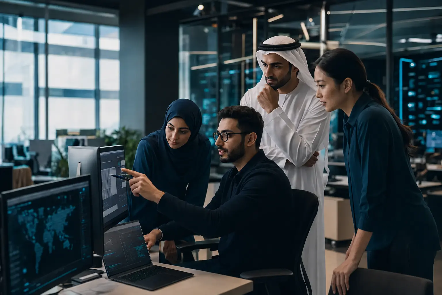 A diverse QWEQ technology team collaborating in a modern office